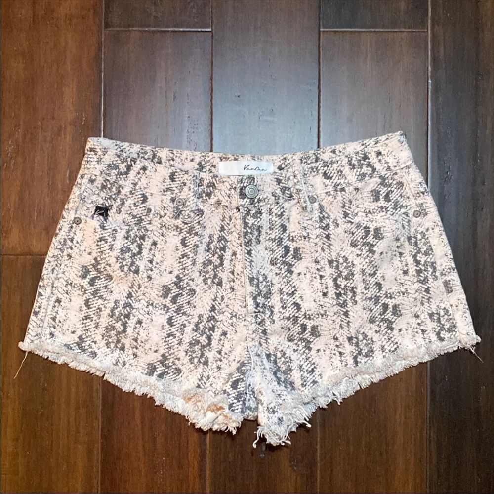 KanCan Pink and Gray Snake Print Frayed Hem Denim Shorts